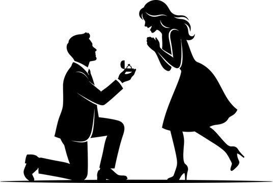Romantic marriage proposal silhouette a man kneeling with a ring for his beloved
