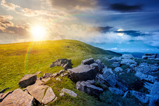 carpathian mountain landscape on summer solstice. amazing background for outdoor adventure at twilight. transcarpathia green hill with rocks. day and night time change metaphor