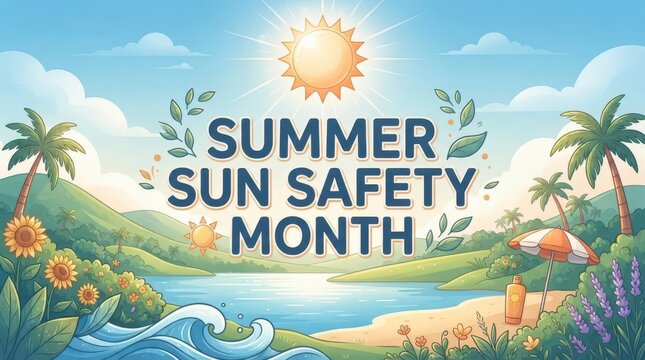 Summer sun safety month illustration with palm trees