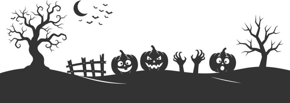 Halloween silhouette background with pumpkins, spooky trees, bats, moon, and zombie hands isolated on white background