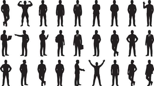 Set of black silhouettes of standing men in various poses and office outfits