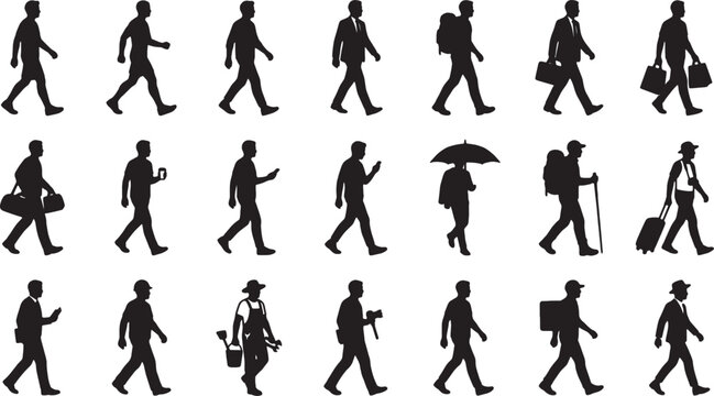 Set of silhouettes showing men walking in various daily activities and jobs