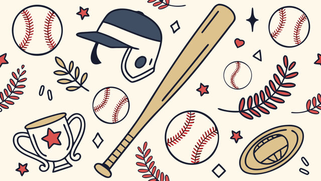 Baseball Championship Seamless Pattern with Bats, Balls, Caps, Gloves, and Sports Equipment Vector Illustration
