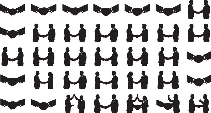 Black silhouette icons of business people shaking hands and handshake symbols
