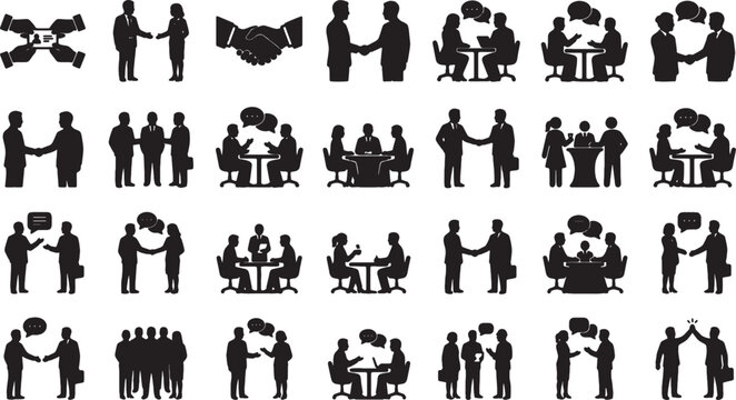 Set of black business people icons showing meetings handshake and teamwork