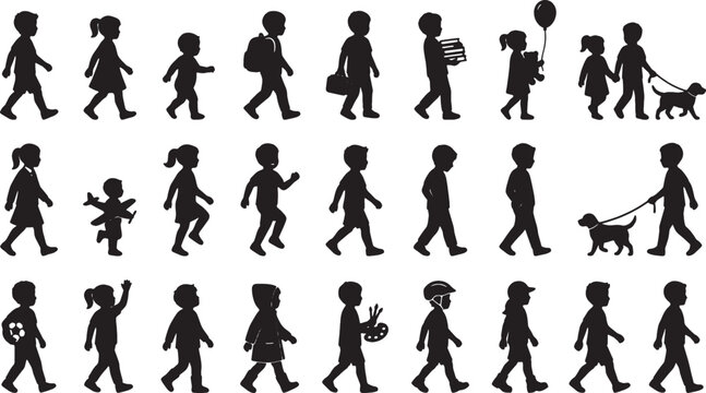Black silhouettes of diverse children walking and playing in various activities