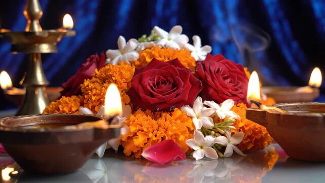 Diwali floral arrangement with lit oil lamps and roses