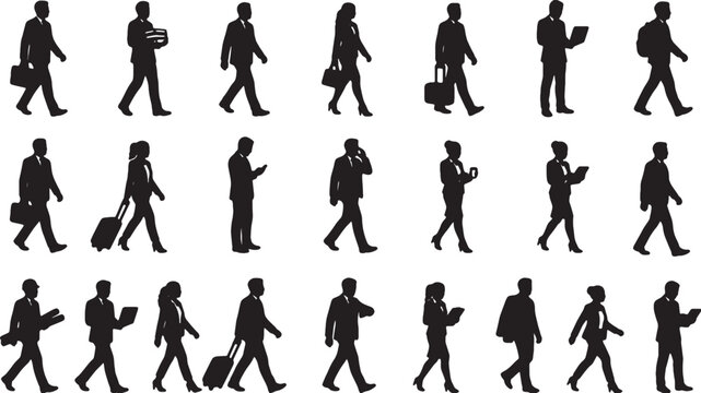 Black silhouettes of business people walking and working in daily routine