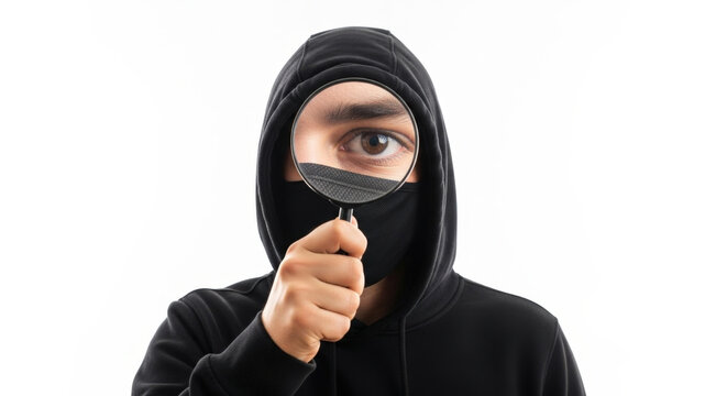 Intense Hacker with Magnifying Glass: Surveillance, Privacy, Security, Investigation, Identity Theft, Digital, Online, Hacking