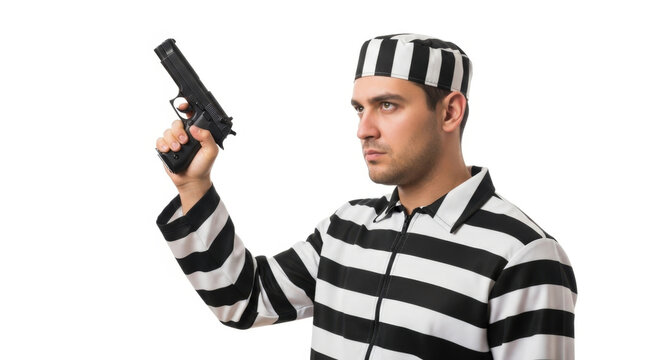 Jailbird in Striped Uniform Holds Firearm Against an Isolated White Background Studio Shot