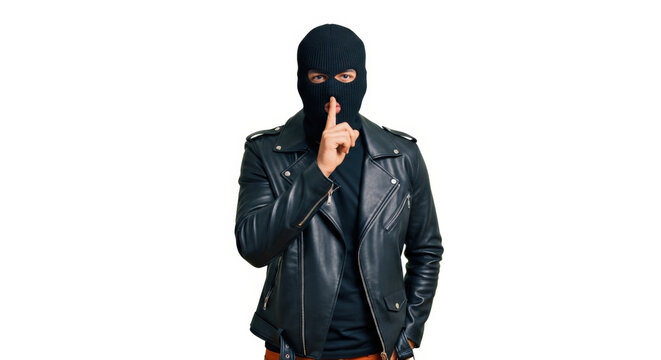 Man in Balaclava: Mysterious Figure with Shush Gesture, Crime, Silence, Secret. Ideal for Bandit, Banditry, Illegal Activity and Discretion Concepts