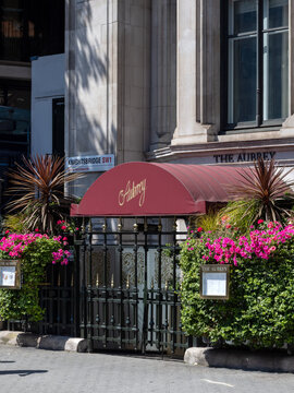 LONDON, UK - JULY 11, 2026:  Sign for the Aubrey cocktail bar restaurant - part of the Mandarin Oriental Hotel on Knightsbridge