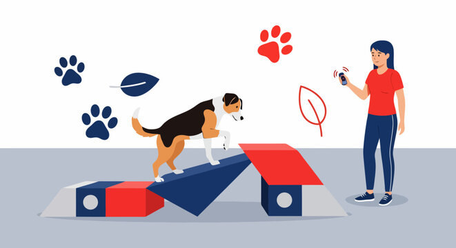 Woman training her dog on an agility course with a clicker, illustrating pet obedience and exercise.