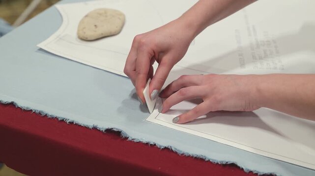 Hands mark fabric with a white chalk stick. Fabric rests on a red ironing board. Paper pattern lies beneath the fabric. Hands show precision in marking fabric edges. Work surface holds a smooth stone