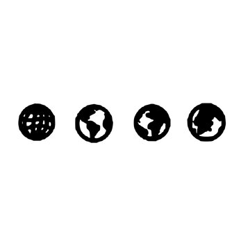 Four globe icons set with minimalist monochrome designs featuring latitude longitude lines realistic Earth continents in black and white with clean modern spacing