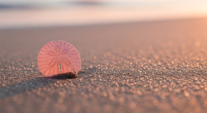 A close-up shot of a delicate, round pink sand dollar shell resting on a sandy beach during a beautiful soft sunset with a blurry background