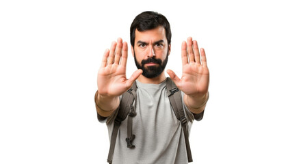 Fototapeta premium Man with Beard Holding Hands Up in Stop Gesture Isolated Against White Background