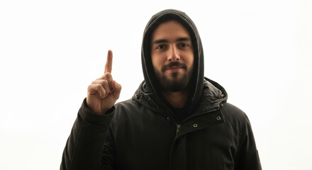 Naklejka premium Man With Beard Raising Finger Giving Advice Teaching Suggesting Idea Solution Thought Decision Recommendation Expert Opinion Showing Number One