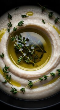 Creamy hummus with fresh herbs and olive oil drizzle, garnished with thyme sprigs creating a delicious presentation. Perfect for gourmet dining, this creamy hummus adds depth to any meal.