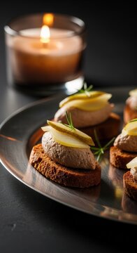 Appetizing canap&eacute;s with creamy topping and apple slices served on silver platter next to candlelight. Canap&eacute;s include rich spread on crisp bread topped with fresh apple slices.