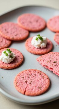 Pink snacks with creamy topping on gray plate showcasing delicious culinary delight, pink cookies paired with fresh cheese and chives. Indulge in pink snacks for party or gathering.