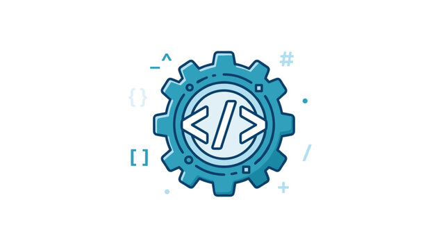 Vector illustration of a blue gear with code symbols inside representing software development and programming