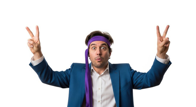 Man with Peace Gesture Celebrating Success or Positive News Studio Shot Excitement and Triumph
