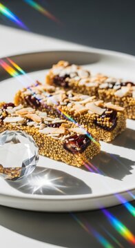 Delicious snack bars made with sesame seeds, topped with chocolate and sliced almonds on white plate. Snack bars feature tasty ingredients and delightful textures for any occasion.