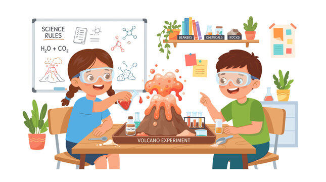 Children conducting a fun volcano science experiment in a classroom setting with bubbling eruption and safety goggles
