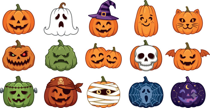 Cute Halloween Pumpkin Character Set with Witch Ghost and Pirate Costumes