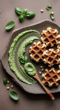 Delicious savory waffles served with vibrant basil pesto on dark stone plate, garnished with fresh basil leaves. Savory waffles and pesto create a delightful brunch concept that excites food lovers.