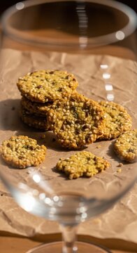 Oatmeal cookies arranged on parchment paper with glass and coffee in background. Oatmeal cookies include ingredients like nuts and seeds, providing a healthy snack option.