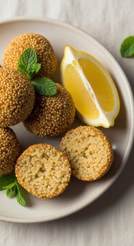 Delicious sesame balls with crispy outer layer served on plate alongside fresh lemon wedges and mint leaves. Sesame balls are traditional desserts with sweet filling and delightful texture.