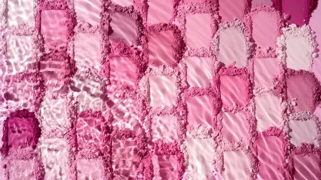 Top view slow motion shot of a water stream splashing over abundant pink and rose colored smeared powder piles arranged in a mosaic pattern