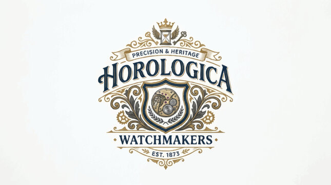 Elegant watchmaker logo crest with precision tools and timepiece. Luxury horology emblem featuring gears, hands, and vintage craftsmanship design.