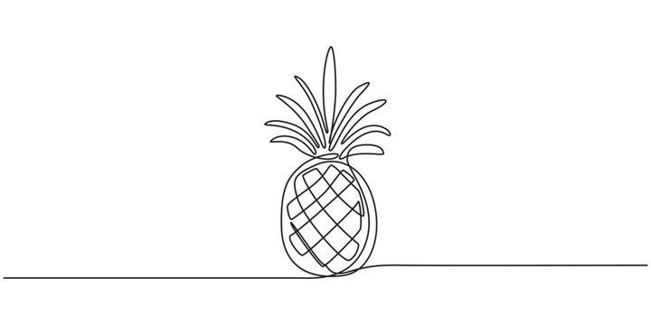 Single continuous line drawing whole healthy pineapple organic for orchard logo identity, one continuous drawn line of pineapple drawn from the hand a picture of the silhouette. Line art. tropical.