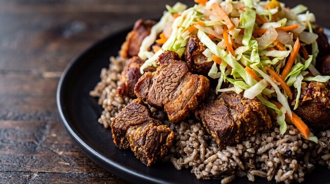 Haitian Griot dish with crispy fried seasoned meat chunks and mushroom rice near pikliz cabbage