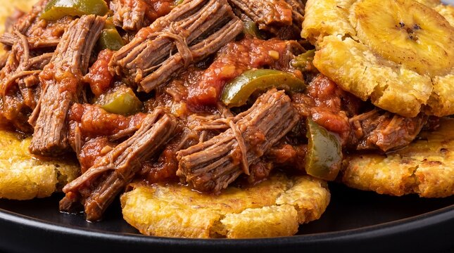 Panamanian Ropa Vieja dish with shredded beef fibers and crispy green plantain patacones inside commercial food styling
