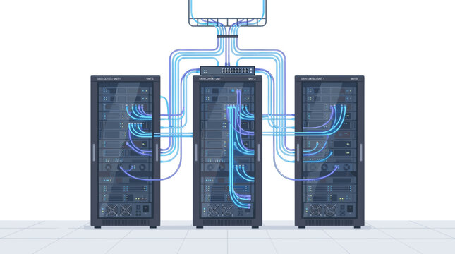 Modern data center with multiple server racks connected by glowing blue and purple cables and a network switch