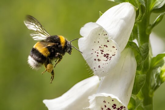 Macro photo of a bumblebee in flight pollinating a white foxglove flower, sharp detail on wings and petals, ideal for nature and pollinator content.