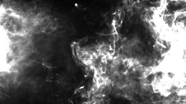 Swirling black smoke billows left‑to‑right, darkening a white frame until it turns completely black.
