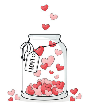 Cute doodle kawaii Love Hearts falling in Glass Jar Hand Drawn isolated clipart vector Illustration - heart bottle container