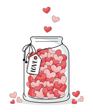 cute Hand Drawn love Hearts Glass Jar doodle vector illustration isolated clipart - falling heart container 