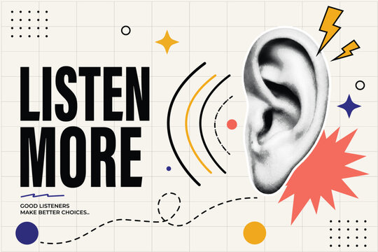 Halftone, pop art, dot, listening concept with human ear, sound wave, and abstract geometric poster, cut-out vector illustration