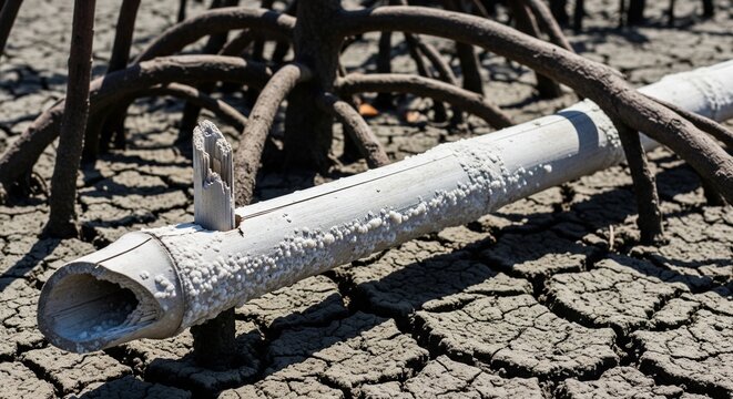 Old pipe covered in salt on cracked ground