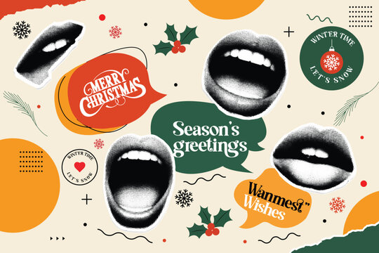 Halftone, pop art, dot, Christmas greeting concept with festive lips, speech bubble, and holiday collage poster, cut-out vector illustration