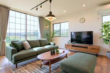 Fototapeta premium 緑のソファと開放的な窓があるモダンリビングの生活風景