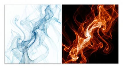 Fototapeta premium Dual abstract panels: swirling blue smoke on white vs fiery orange-red on black, symbolizing elemental contrast of cold vs heat.