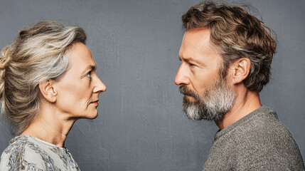 Fototapeta premium Middle aged couple in conflict sharing a tense moment against a gray backdrop with space for text