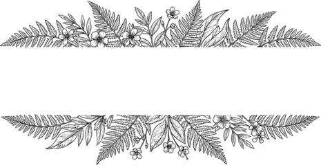 Hand drawn botanical frame template with fern leaves and wild flowers vector illustration isolated on white background © razia